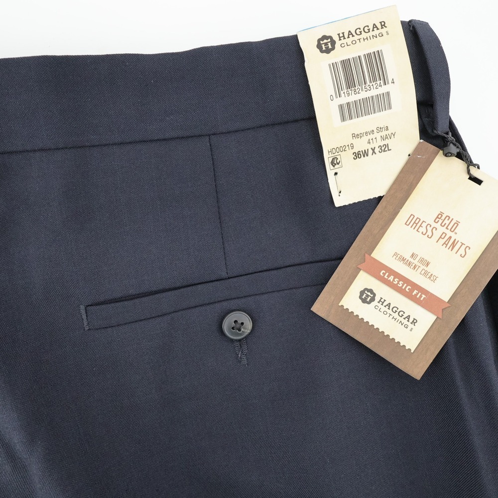 NEW Haggar Eclo Stria Classic Fit Dress Pants Navy Blue Mens 36x32 Comfort Waist